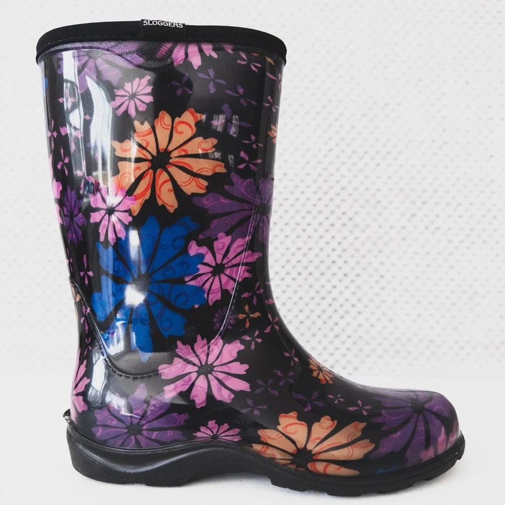 Sloggers‎ Rain Boots Women Size 7 Black Floral Waterproof Garden Mid Calf Boots